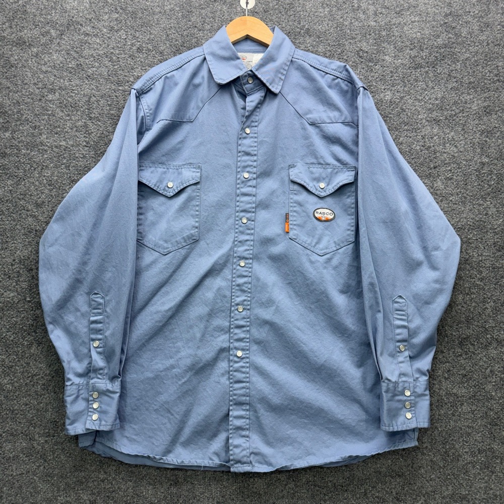 Rasco FR Flame Resistant Work Shirt Mens XL Blue Long Sleeve Snap Workwear